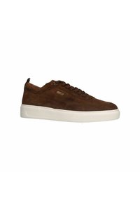 Brown suede sneakers with a white rubber sole, featuring a lace-up design and a small branded accent on the side.