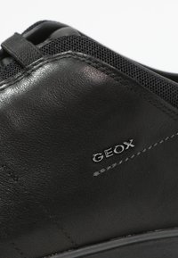 Pantofii din piele neagră au accente din plasă, un profil jos și detalii cusute. Prezintă logo-ul "GEOX" în argintiu pe lateral.