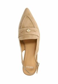 Beige Wildleder Slingback-Schuh mit spitz zulaufender Zehenkappe, ausgestattet mit einem strukturierten Riemen und goldfarbenen Akzenten an der Vorderseite. Flache Sohle.