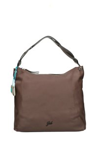 Borsa a mano in pelle marrone con una trama liscia, chiusura con zip e una tracolla grigia regolabile. Presenta dettagli blu e logo nella parte inferiore.