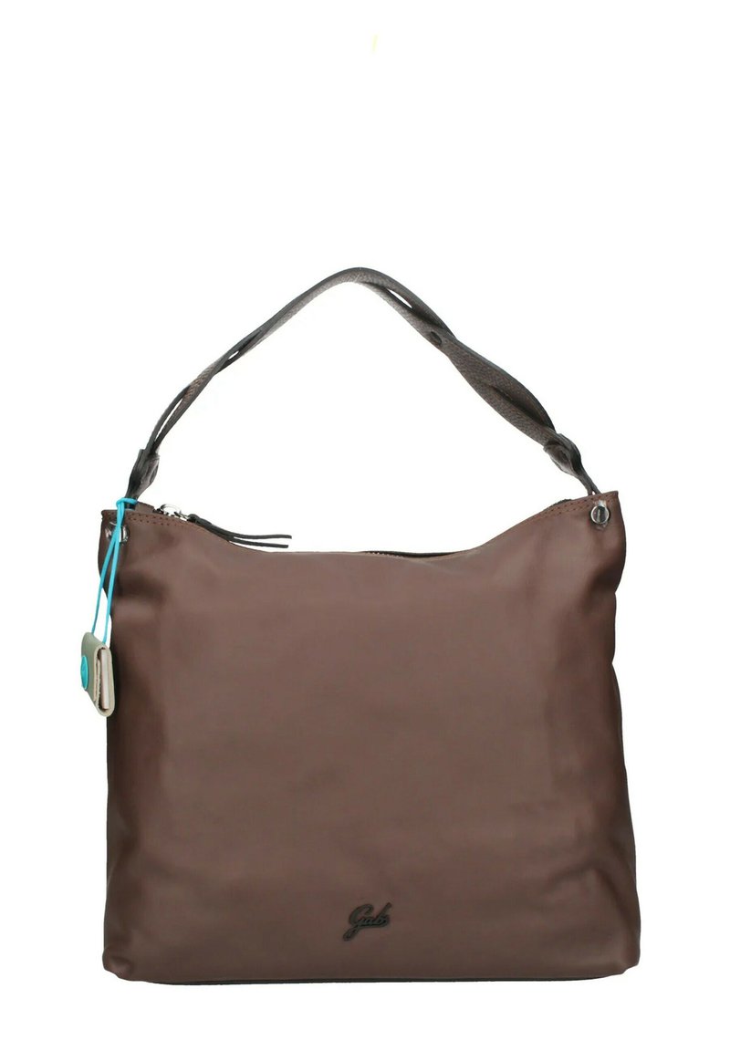 Borsa a mano in pelle marrone con una trama liscia, chiusura con zip e una tracolla grigia regolabile. Presenta dettagli blu e logo nella parte inferiore.