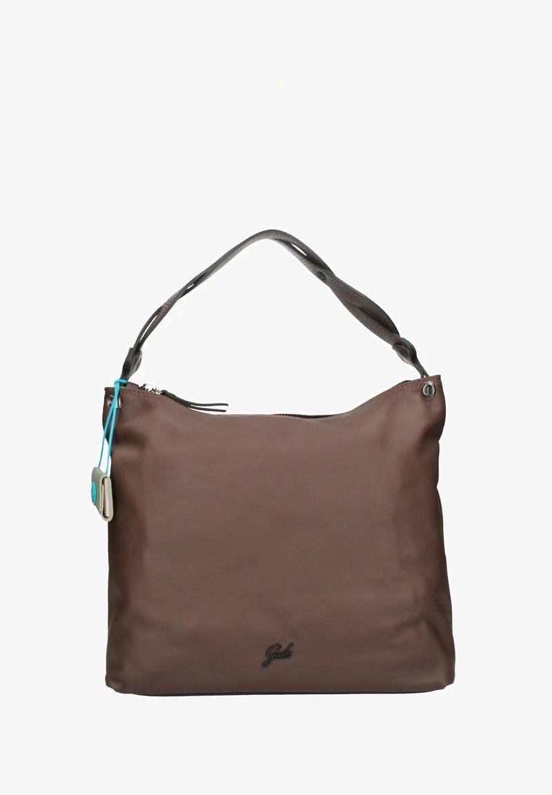 Borsa a mano in pelle marrone con una trama liscia, chiusura con zip e una tracolla grigia regolabile. Presenta dettagli blu e logo nella parte inferiore.