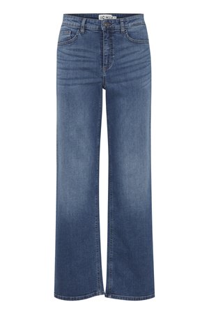 Jeans a gamba larga in denim blu scuro, con vita a media altezza, tasche frontali e un leggero effetto sbiadito su tutto il capo. Design classico a cinque tasche.