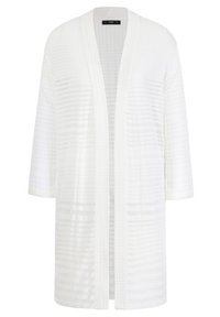 Cardigan bianco in stile kimono con un motivo a righe testurizzato, apertura frontale e maniche a tre quarti. Tessuto leggero con una finitura morbida.