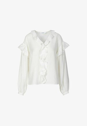 Hosszú ujjú, fehér blúz fodros részletekkel a nyakkivágás és az ujjak mentén, könnyű anyagból, puha tapintású textúrával.