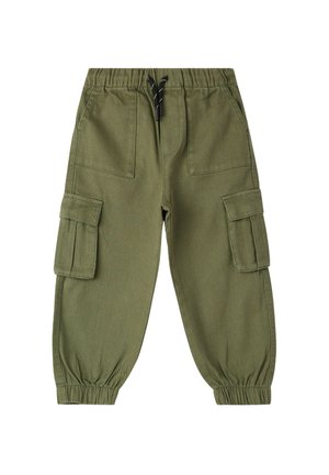 Pantaloni cargo verde oliva realizzati in cotone, con vita elastica, cordoncino regolabile e numerose tasche applicate su ogni gamba.