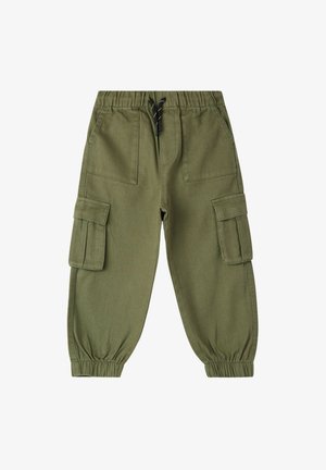 Pantaloni cargo verde oliva realizzati in cotone, con vita elastica, cordoncino regolabile e numerose tasche applicate su ogni gamba.