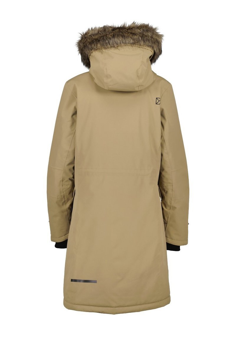 Manteau long khaki avec capuche en fausse fourrure amovible, dos zippé et accents noirs. Confectionné dans un tissu lisse et résistant à l'eau, avec des poignets élastiques.