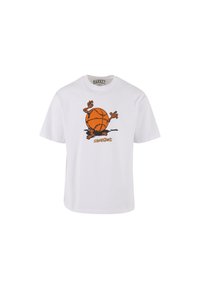 Hvit bomull t-skjorte med et lekent grafisk motiv av en basketball med tegneseriehender, trykt i oransje og svart under teksten "MARKET."