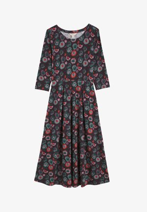 Sukienka z długim rękawem w ciemnym materiale, ozdobiona kolorowym wzorem kwiatowym z czerwonymi, zielonymi i purpurowymi kwiatami, rozkloszowanym dołem i okrągłym dekoltem.