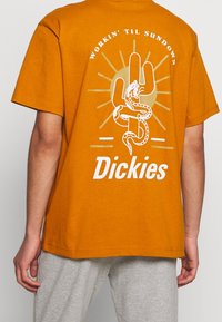 Short-sleeve, orange cotton t-shirt featuring a graphic print on the back with a cactus, snake, and the word "Dickies" in white.