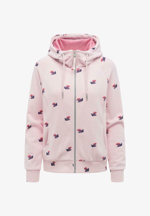 Jasnoróżowa bluza z kapturem na zamek błyskawiczny, z kapturem i sznureczkami, ozdobiona małymi, ciemnoniebieskimi i czerwonymi wzorami muszelek.