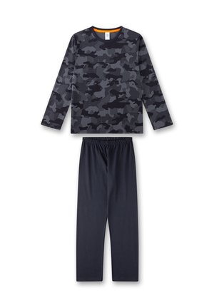 Langärmliger Pyjama-Oberteil in Schwarz und Grau mit Tarnmuster und Rundhalsausschnitt, kombiniert mit einfarbigen dunkelblauen Hosen mit elastischem Bund. Aus weichem Baumwollstoff.