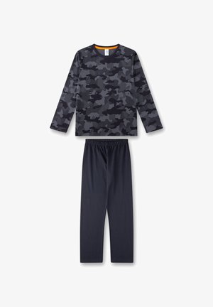 Maglia da pigiama a maniche lunghe nera e grigia in camouflage con collo rotondo, abbinata a pantaloni con vita elastica di un solido blu scuro. Tessuto in morbido cotone.