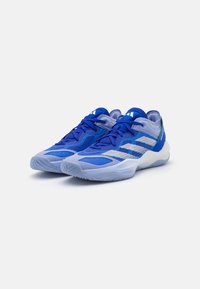 Blauwe sportieve schoenen van mesh en synthetische materialen, met een gemarkeerde zool, onderscheidende strepen en gelaagde ontwerpelementen.