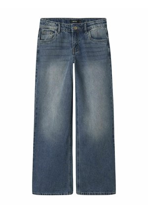 Schlabberige, weit geschnittene Jeans aus dunkelblauem Denim mit hoher Taille, sichtbaren Nähten, zwei Vordertaschen und einem Knopfverschluss.