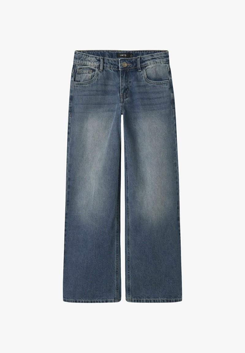 Jean large et ample en denim bleu foncé, avec une taille haute, des coutures visibles, deux poches avant et une fermeture à bouton.