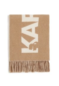 Taschenschal aus Wolle in Tan mit großen weißen Buchstaben, fransigen Kanten und einer glatten Textur. Die Vorderseite zeigt auffällige Muster und ein minimalistisches Design.