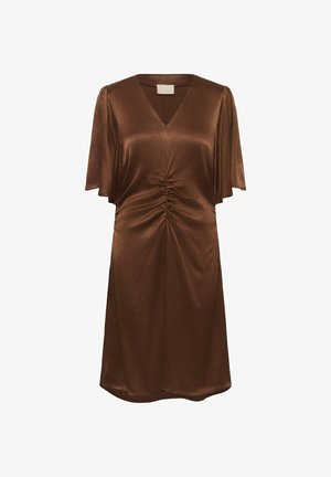 Braunes, kurzärmliges Kleid mit V-Ausschnitt und gerafftem Detail an der Taille. Weicher, glänzender Stoff mit einem leicht lockeren Schnitt und fließenden Ärmeln.
