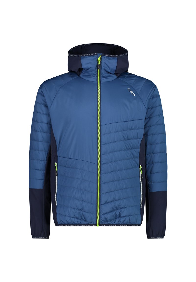 Männliche blaue Pufferjacke mit Kapuze, ausgestattet mit einem durchgehenden Reißverschluss, grünen Akzenten, Seitentaschen und einem strukturierten Stoffdesign.