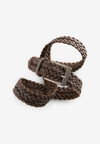 Woven brown leather belt with a matte silver rectangular buckle, highlighting a braided texture and a flexible design.