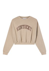 Felpa beige corta con maniche lunghe, dotata di polsini a costine e scollatura rotonda. Scritta "KENTUCKY" stampata in marrone scuro sulla parte anteriore.