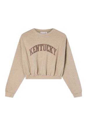 Felpa beige corta con maniche lunghe, dotata di polsini a costine e scollatura rotonda. Scritta "KENTUCKY" stampata in marrone scuro sulla parte anteriore.