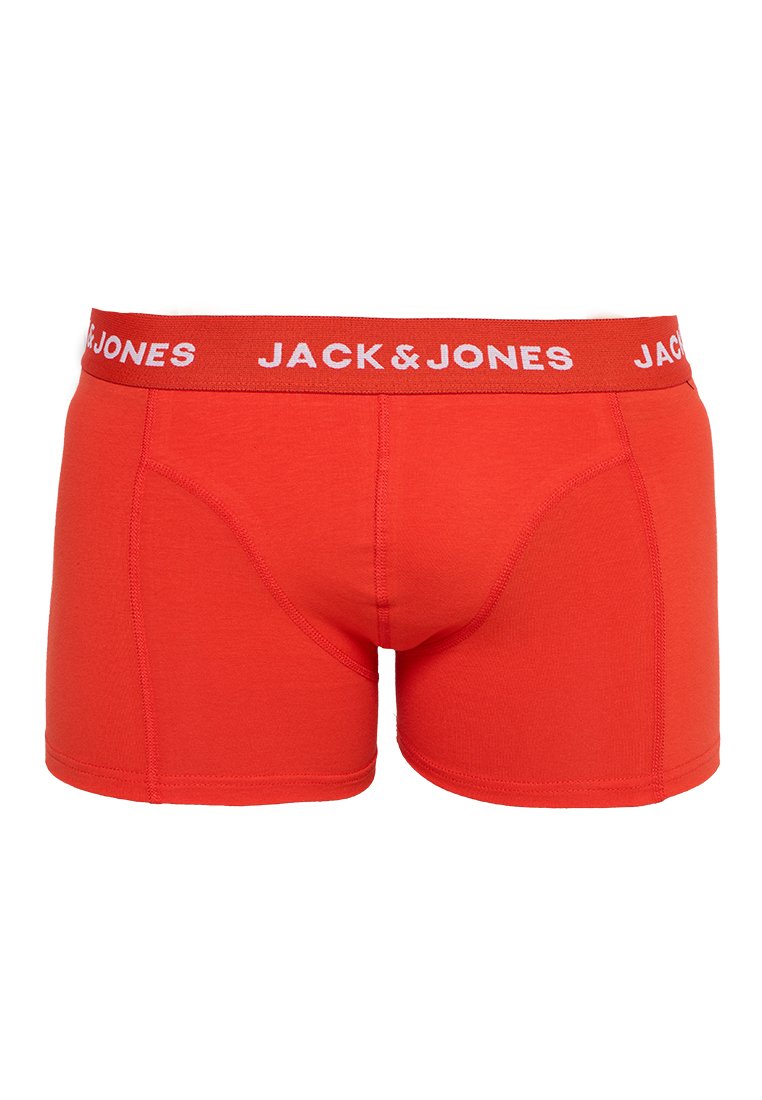 Boxer in cotone rosso da uomo con cuciture decorative e vita elasticizzata, caratterizzati dal marchio "JACK & JONES" in bianco.
