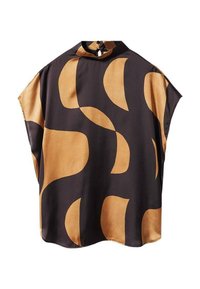 Blouse à manches courtes en tissu lisse et léger. Présente un motif abstrait marron et doré. Col montant avec fermeture boutonnée au dos.