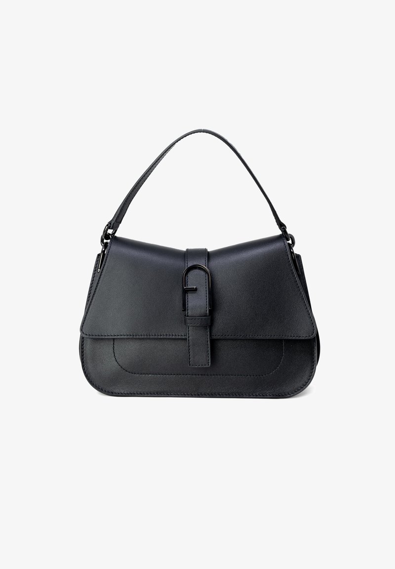 Black leather handbag with a structured design, smooth texture, adjustable shoulder strap, and a front flap featuring a buckle detail.