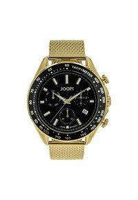 Goldfarbener Chronograph mit schwarzem Zifferblatt, silbernen Indizes, Datumsfenster, Tachymeter und einem Mesh-Metallarmband.