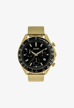 Goldfarbener Chronograph mit schwarzem Zifferblatt, silbernen Indizes, Datumsfenster, Tachymeter und einem Mesh-Metallarmband.