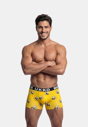 Muskelöser Mann steht mit verschränkten Armen, lächelt und trägt gelbe Boxershorts mit Cartoon-Bienen-Motiv und schwarzem Bund mit der Aufschrift "MR UKKO".