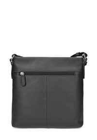 Black leather crossbody bag with a textured finish, featuring a top zipper closure and a front zip pocket. Adjustable strap included.