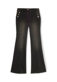 Schwarze Schlagjeans aus Denim, mit einem knopfartigen Taschendetail an der Vorderseite, einer glatten Textur und einer taillierten Passform.