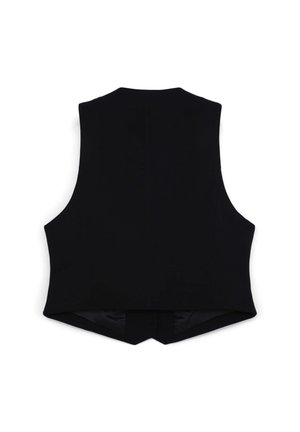 Veste noire sans manches avec une coupe ajustée, des lignes épurées et une texture lisse, présentant un ourlet arrière pointu et sans éléments métalliques visibles.