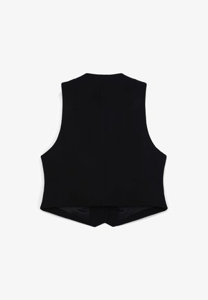 Gilet nero senza maniche con design aderente, linee pulite e una texture liscia, caratterizzato da un orlo posteriore a punta e senza elementi metallici visibili.