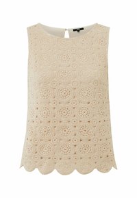 Haut sans manches beige clair présentant un motif crocheté complexe rappelant de la dentelle, un ourlet festonné et une fermeture au dos avec un petit bouton.
