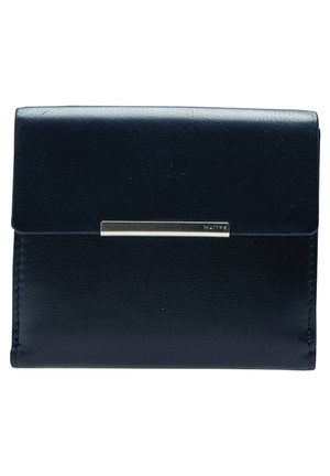 Navy leather wallet with a textured finish, featuring a silver metal accent bar on the front and visible stitching along the edges.