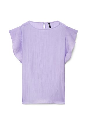 Blusa lilla a maniche corte con trama stropicciata, scollo rotondo, maniche arricciate e chiusura posteriore con piccolo bottone.
