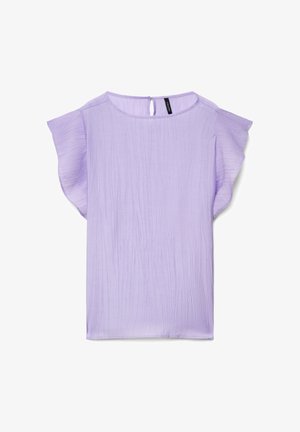 Blusa lilla a maniche corte con trama stropicciata, scollo rotondo, maniche arricciate e chiusura posteriore con piccolo bottone.