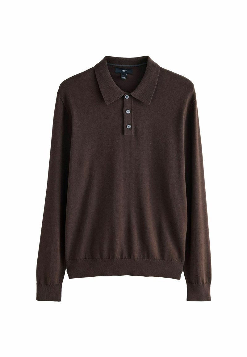Polo de manga larga marrón con cuello y tres botones. Tejido suave con puños y dobladillo acanalados.