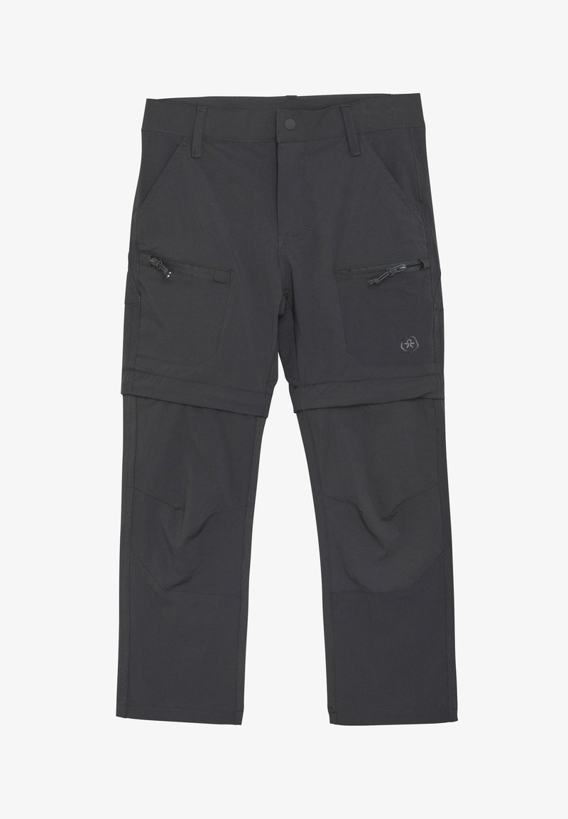 Pantaloni cargo neri realizzati in materiale resistente, con numerose tasche, dettagli zip e un design a gamba dritta.