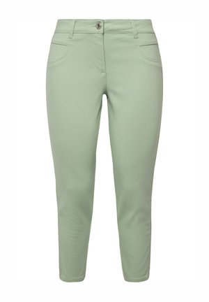 Light green slim-fit pants made of stretchy fabric with a mid-rise waist, featuring two front pockets and a zip fly with a button closure.