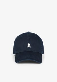 Navy cotton baseball cap with a curved brim, featuring a white skull and crossbones embroidered on the front.