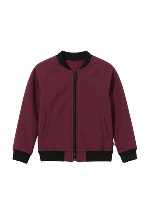 Bordowa kurtka bomber z czarnym prążkowanym kołnierzem, mankietami i dołem, zapinana z przodu na zamek błyskawiczny, z dwoma przednimi kieszeniami.