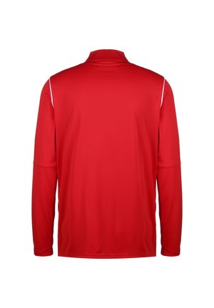 Rotes Langarmshirt mit hohem Kragen und weißen Akzentstreifen auf den Schultern, aus glattem, leichtem Stoff gefertigt.