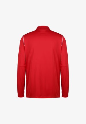 Rode longsleeve shirt met hoge kraag en witte accentstreepjes op de schouders, gemaakt van gladde, lichte stof.