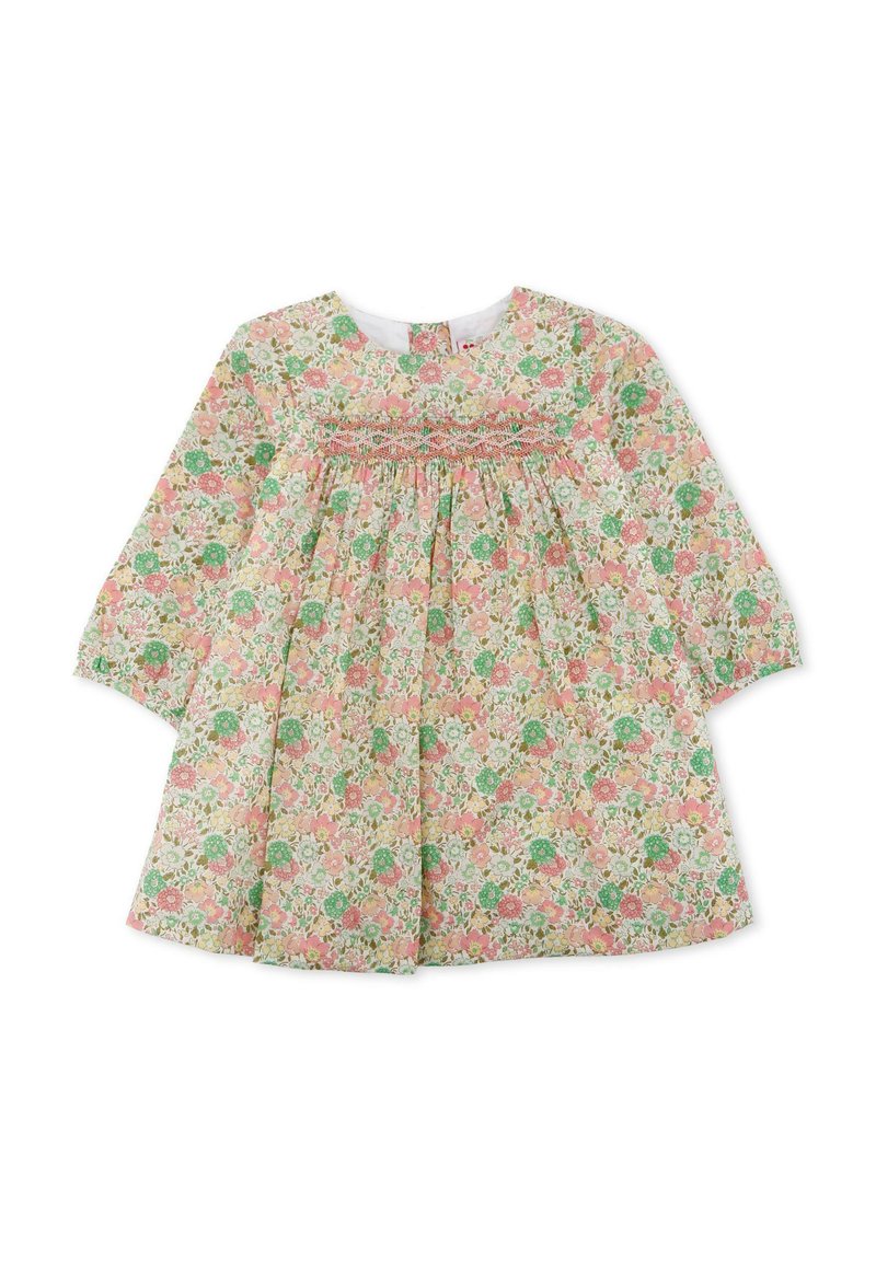 Abito a fantasia floreale con maniche lunghe, corpino arricciato, e colori rosa, verde e bianco. Presenta una scollatura rotonda e chiusura con bottoni dietro.