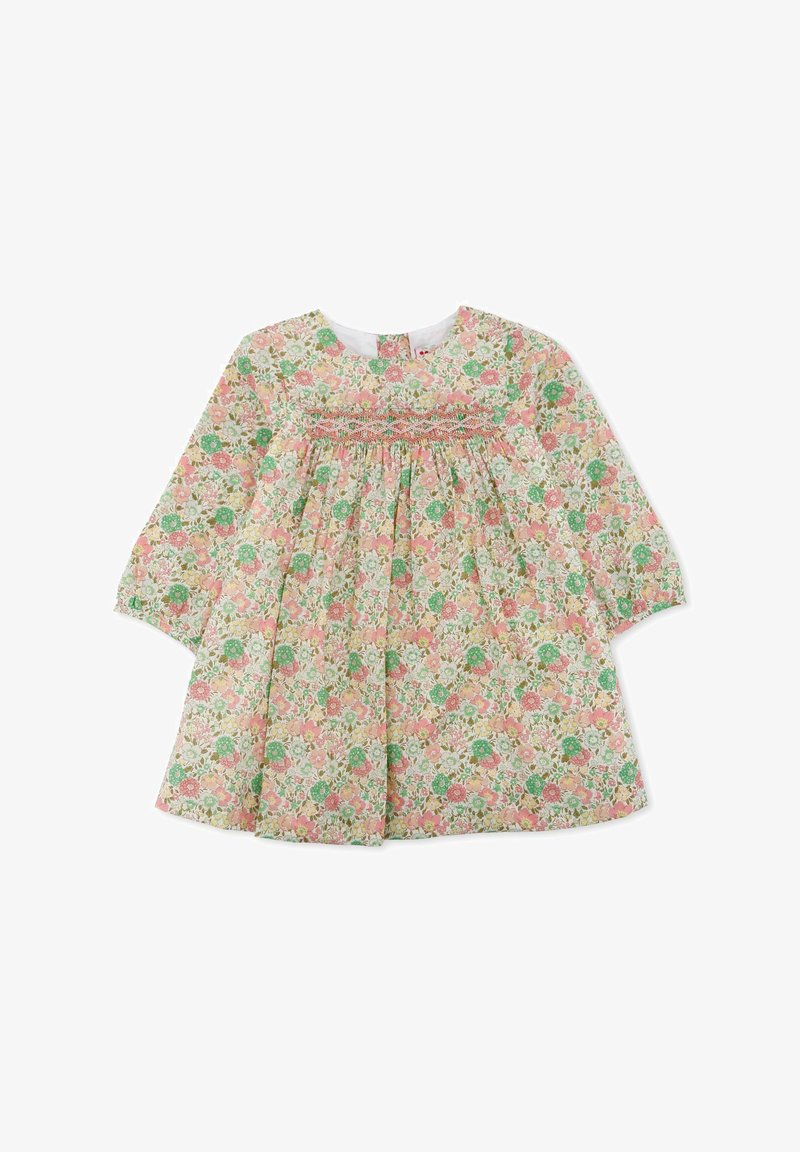 Abito a fantasia floreale con maniche lunghe, corpino arricciato, e colori rosa, verde e bianco. Presenta una scollatura rotonda e chiusura con bottoni dietro.